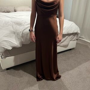 Revelry Brown Cowl Neck Sleeveless Maxi Gown